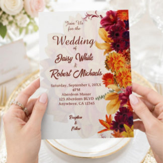 Boho Fall Burgundy, Burnt Orange & Golden floral Invitation