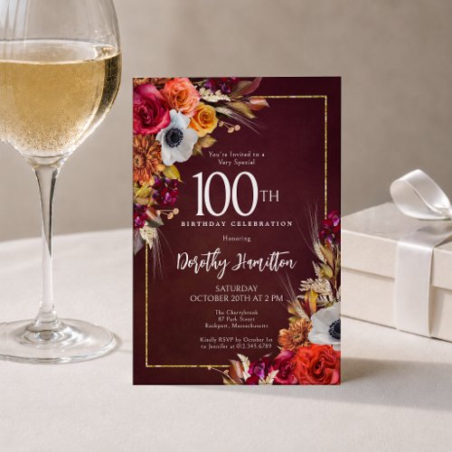 Boho Fall Burgundy Floral Script 100th Birthday Invitation