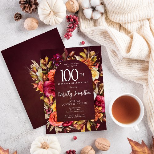 Boho Fall Burgundy Floral Script 100th Birthday Invitation