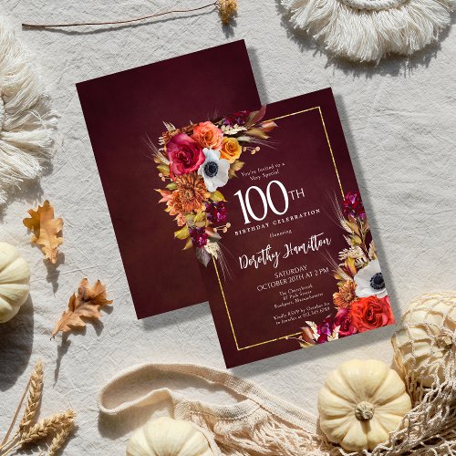 Boho Fall Burgundy Floral Script 100th Birthday Invitation