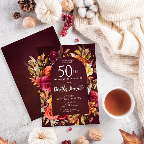 Boho Fall Burgundy Floral Script 50th Birthday Invitation