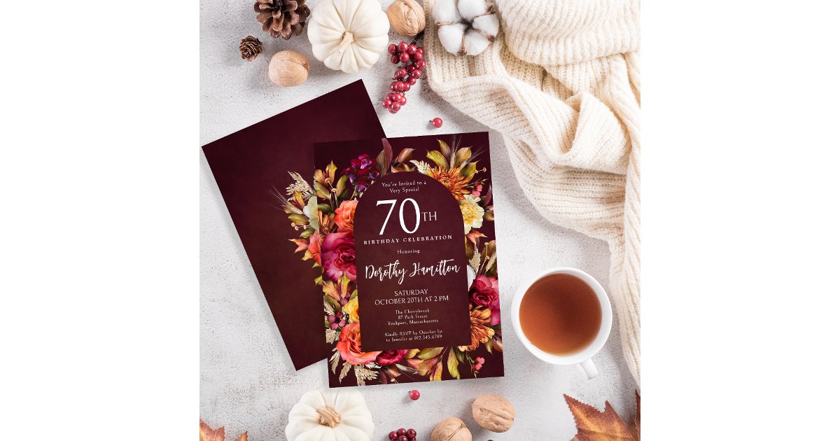 Boho Fall Burgundy Floral Script 70th Birthday Invitation | Zazzle