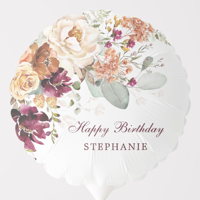 Boho Fall Burnt Orange Maroon Flowers Birthday Balloon (Front)