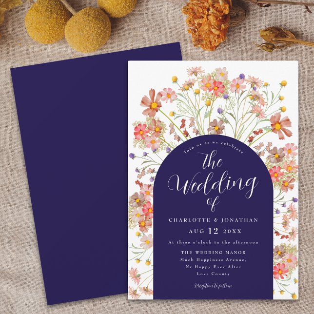 Boho Fall Floral Arch Navy Blue and White Wedding Invitation (Boho fall rustic wildflower floral arch navy blue and white wedding invitation Elegant script)