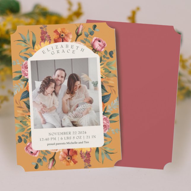 Boho Fall Floral Arch Photo Birth Announcement (Creator Uploaded)