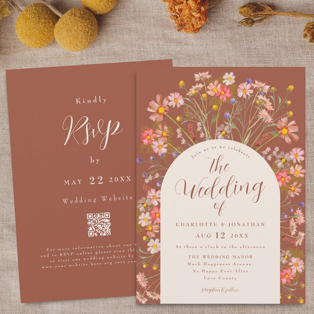 Boho Fall Floral Arch Terracotta Wedding Invitation (Boho fall rustic wildflowers floral arch terracotta burnt orange beige wedding qr code invitation )