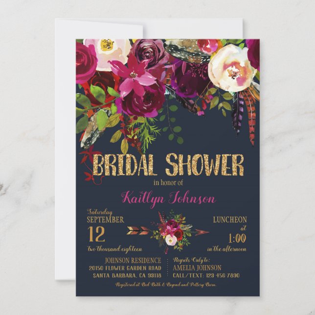 Boho Fall Floral Arrow Bouquet Bridal Shower Invitation (Front)