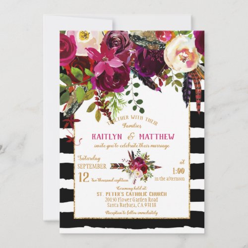 Boho Fall Floral Arrow Bouquet Stripe Wedding Invitation