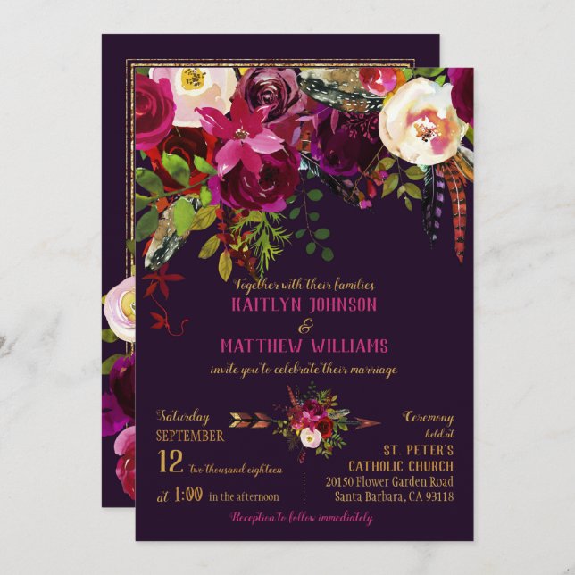 Boho Fall Floral Arrow Bouquet Wedding Invitation (Front/Back)