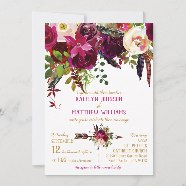 Boho Fall Floral Arrow Bouquet Wedding Invitation (Front)