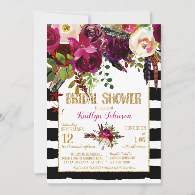 Boho Fall Floral Arrow Stripe Bridal Shower Invitation (Front)