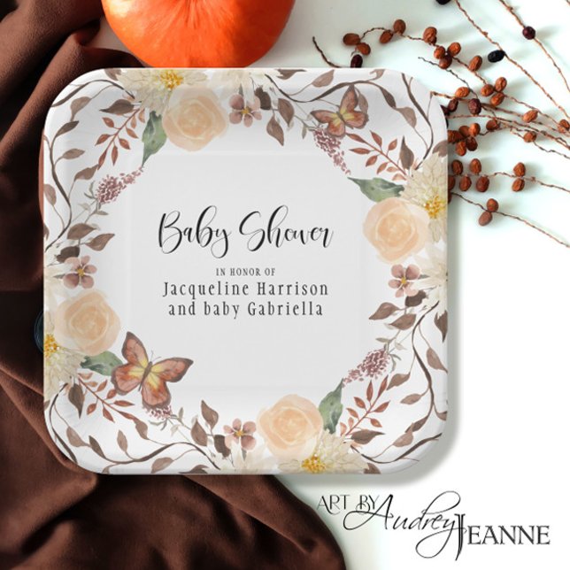 BOHO Fall Floral Autumn Butterfly Baby Shower Paper Plates (Creator Uploaded)