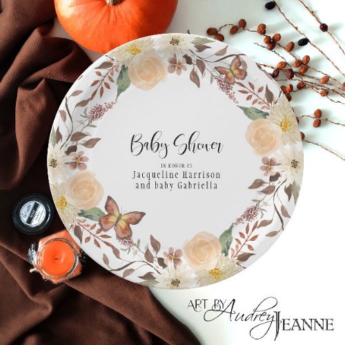 BOHO Fall Floral Autumn Butterfly Baby Shower Paper Plates