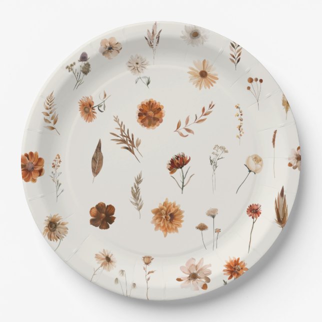 Boho Fall Floral Baby Shower  Paper Plates (Front)