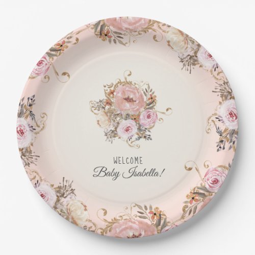BOHO Fall Floral Blush Watercolor Baby Girl Shower Paper Plates