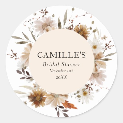 Boho Fall Floral Bridal Shower Classic Round Sticker