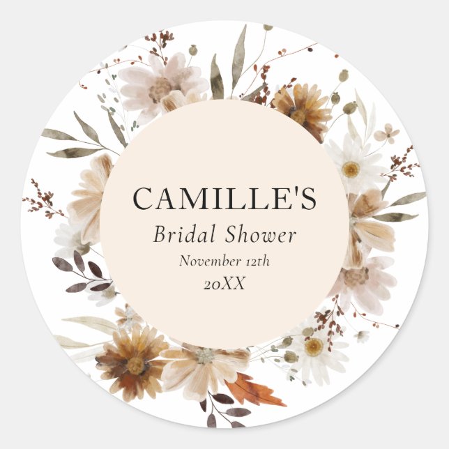 Boho Fall Floral Bridal Shower Classic Round Sticker (Front)