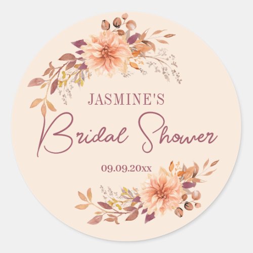 Boho Fall Floral Bridal Shower Favor Classic Round Sticker