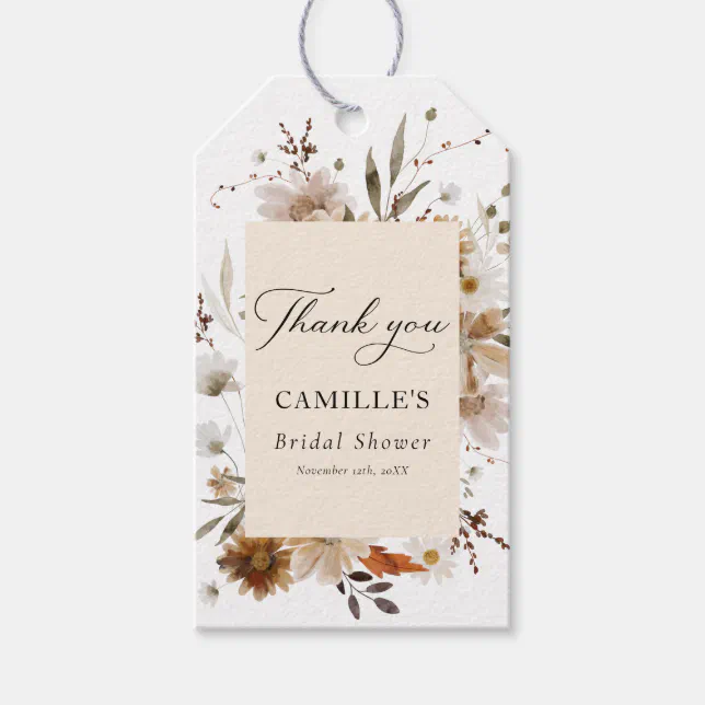 Boho Fall Floral Bridal Shower Thank you Gift Tags | Zazzle