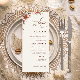 Boho Fall Floral Brown Let's Eat Ivory Wedding Menu