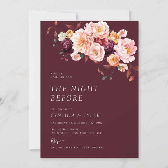 boho fall floral burgundy the night before invitation (Front)