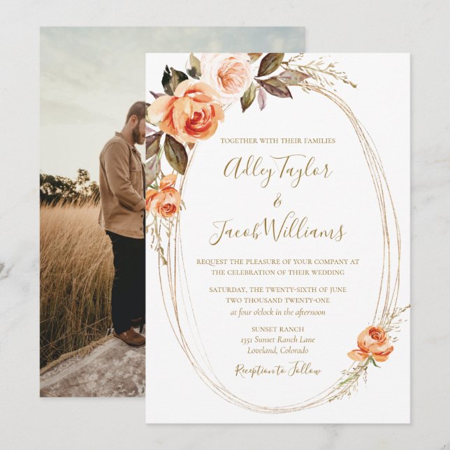Boho Fall Floral Burnt Orange Photo Wedding Invitation (Front/Back)