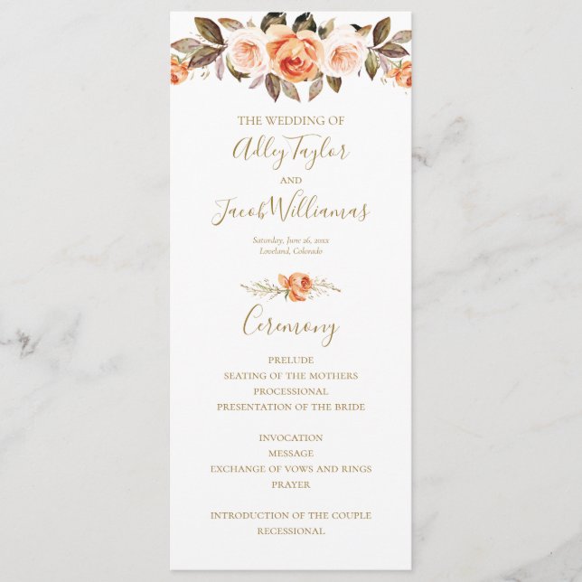 Boho Fall Floral Burnt Orange Wedding Program (Front)
