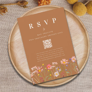 Boho Fall Floral Carmel Brown Meal Options Wedding RSVP Card