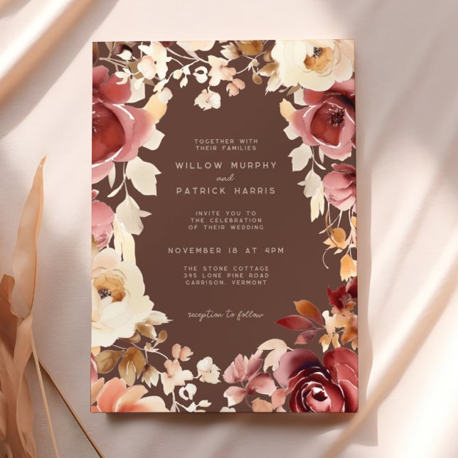 Boho Fall Floral Cream Brown Burgundy Wedding Invitation (Creator Uploaded)
