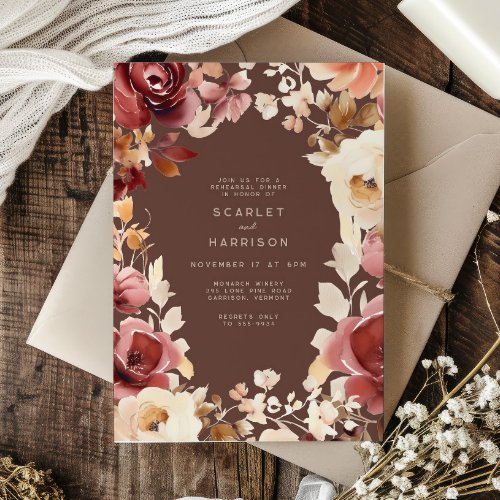 Boho Fall Floral Cream Burgundy Rehearsal Dinner Invitation