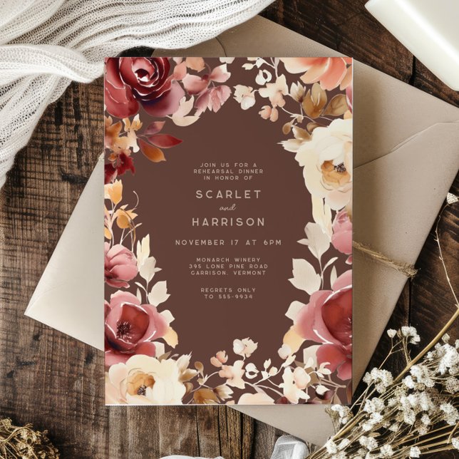 Boho Fall Floral Cream Burgundy Rehearsal Dinner Invitation (Creator Uploaded)