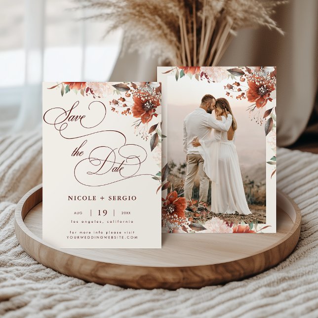 Boho Fall Floral Elegant Script & Photo Wedding Save The Date (Creator Uploaded)
