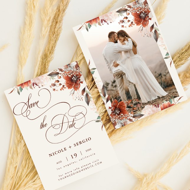 Boho Fall Floral Elegant Script & Photo Wedding Save The Date (Creator Uploaded)
