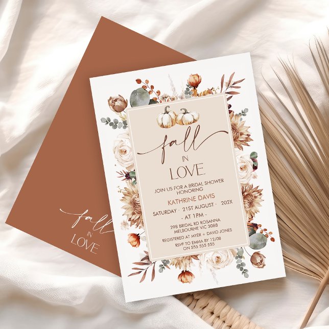 Boho Fall Floral Fall In Love Bridal Shower Invitation (Boho Floral Fall In Love Bridal Shower Invitation, Autumn Bridal Shower Floral Foliage Terracotta)