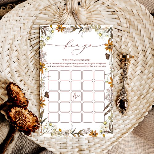 Boho Fall Floral Frame Bridal Bingo Shower Game 