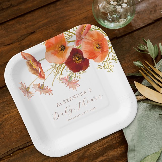 Boho Fall Floral Gender Neutral Baby Shower Custom Paper Plates (Boho fall floral gender neutral baby shower custom paper plates Watercolor wildflower elegant script)