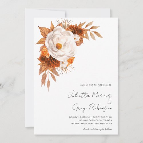 Boho Fall Floral Modern Script QR Code Wedding Invitation