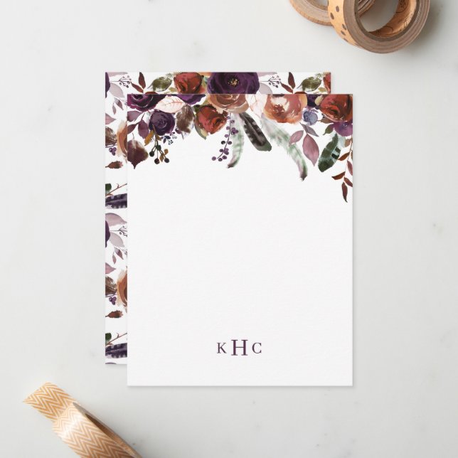 Boho Fall Floral Monogrammed Stationery Note Card (Front/Back In Situ)