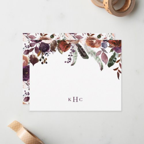 Boho Fall Floral Monogrammed Stationery Note Card