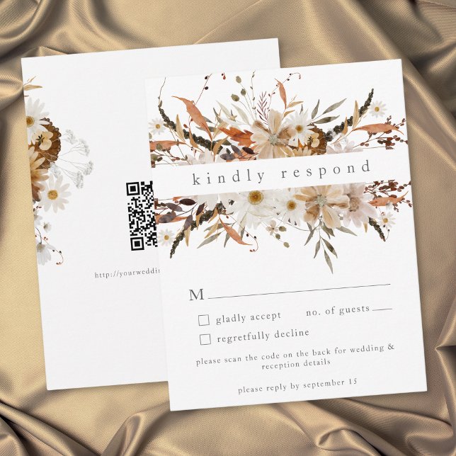 Boho Fall Floral Neutral Rustic Wedding QR Code RSVP Card (Boho Fall Floral Neutral Rustic Wedding QR Code RSVP Card)