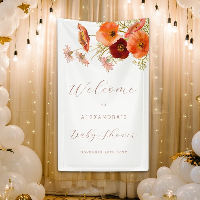 Boho Fall Floral Personalized Baby Shower Banner (Boho fall floral personalized baby shower welcome banner Watercolor wildflower elegant modern script)