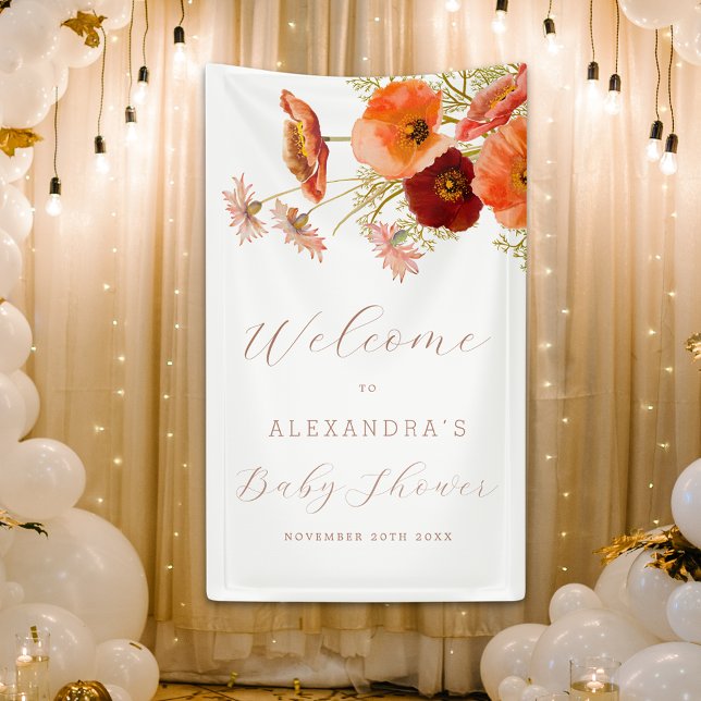 Boho Fall Floral Personalized Baby Shower Welcome Banner (Boho fall wildflower floral personalized Baby shower banner Watercolor autumn flowers elegant script)