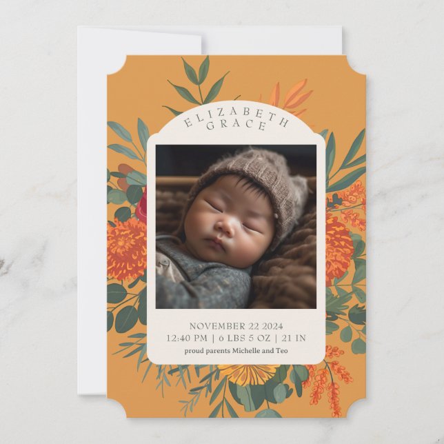 Boho Fall Floral Photo Birth Announcement (Front)