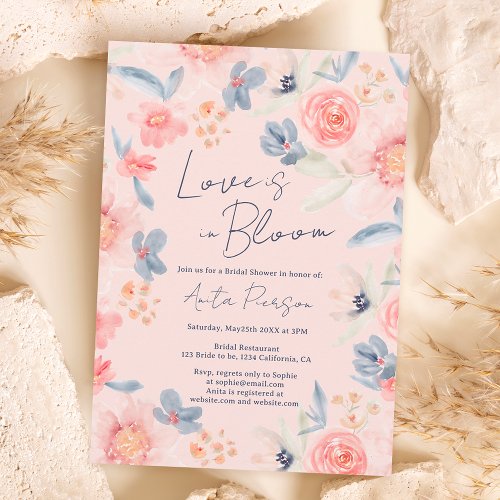 Boho fall floral pink blue elegant bridal shower invitation