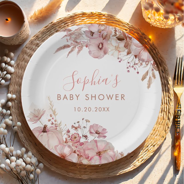 Boho Fall Floral Pumpkin Baby Shower  Paper Plates (Creator Uploaded)