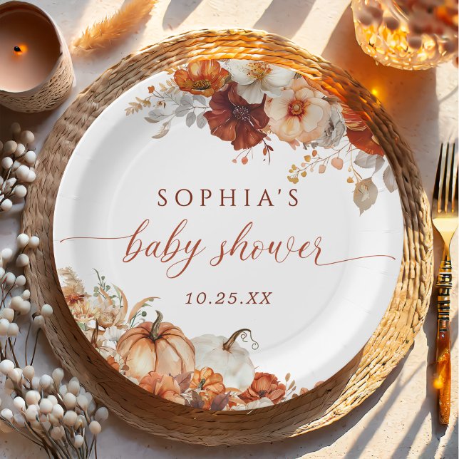 Boho Fall Floral Pumpkin Baby Shower  Paper Plates (Creator Uploaded)