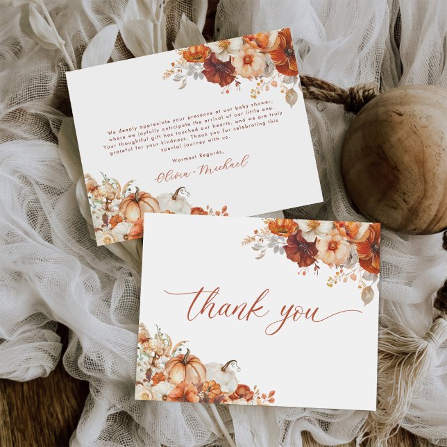 Boho Fall Floral Pumpkin Baby Shower  Thank You Card (Creator Uploaded)