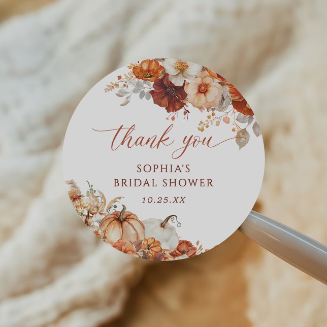 Boho Fall Floral Pumpkin Bridal Shower Classic Round Sticker (Creator Uploaded)