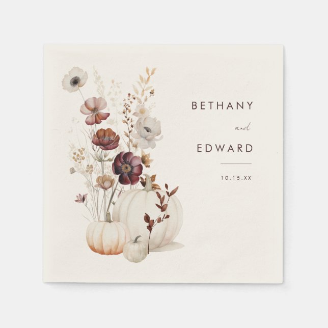 Boho Fall Floral Pumpkin Wedding Napkins (Front)
