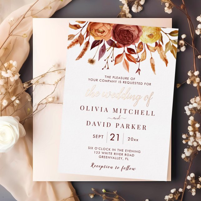 Boho Fall Floral Rustic Flowers Foliage Wedding Foil Invitation (Creator Uploaded)